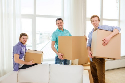 Business relocation setup with labelled boxes and office furniture