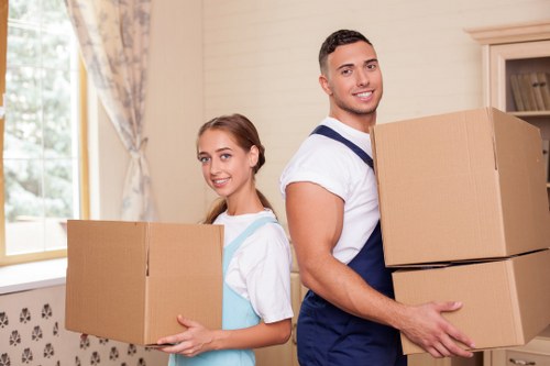 Packed boxes and furniture ready for a flat move in Fulham