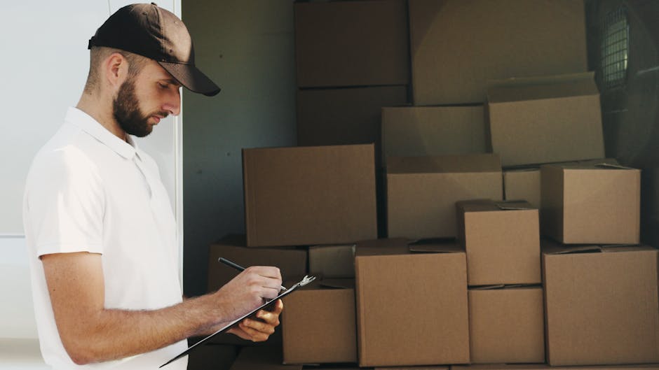 A man in a white polo shirt and black cap is standing indoors in front of a storage unit filled with uniformly sized brown cardboard boxes. He is holding a notepad and pen, appearing to take inventory or check details related to the boxes. The background shows stacked boxes, some on the floor and others on a raised surface, indicating an organized packing or moving process. The environment is lit by natural and artificial light, highlighting the boxes and the man's focused expression, reflecting aspects of home relocation, packing, and transit preparation involved in professional removals services in Fulham.